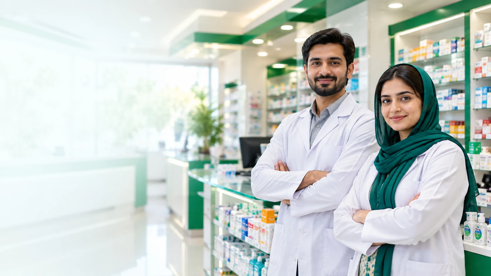 Modern Pharmacy Interior and Pharmacist